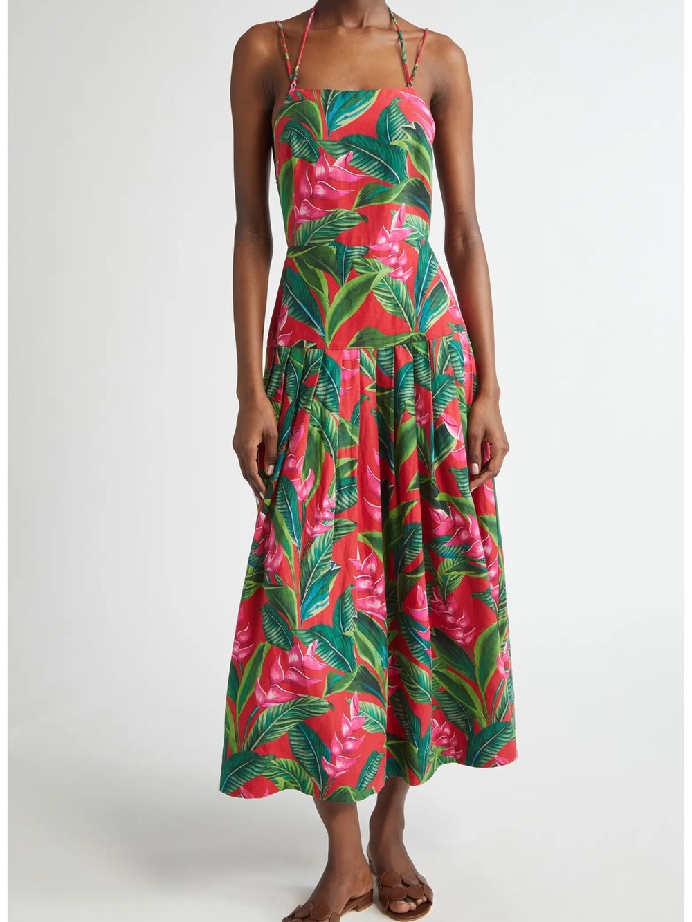 FARM Rio Red Dream Garden Tropical Linen Blend Maxi Dress Medium 337192